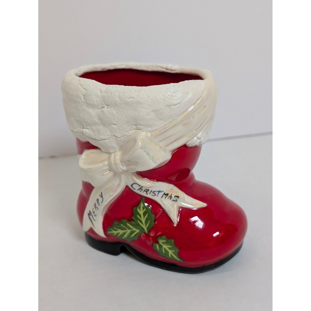 Vintage Ceramic Santa Boot Planter/Holder Merry Christmas Holly Iridescent Bow